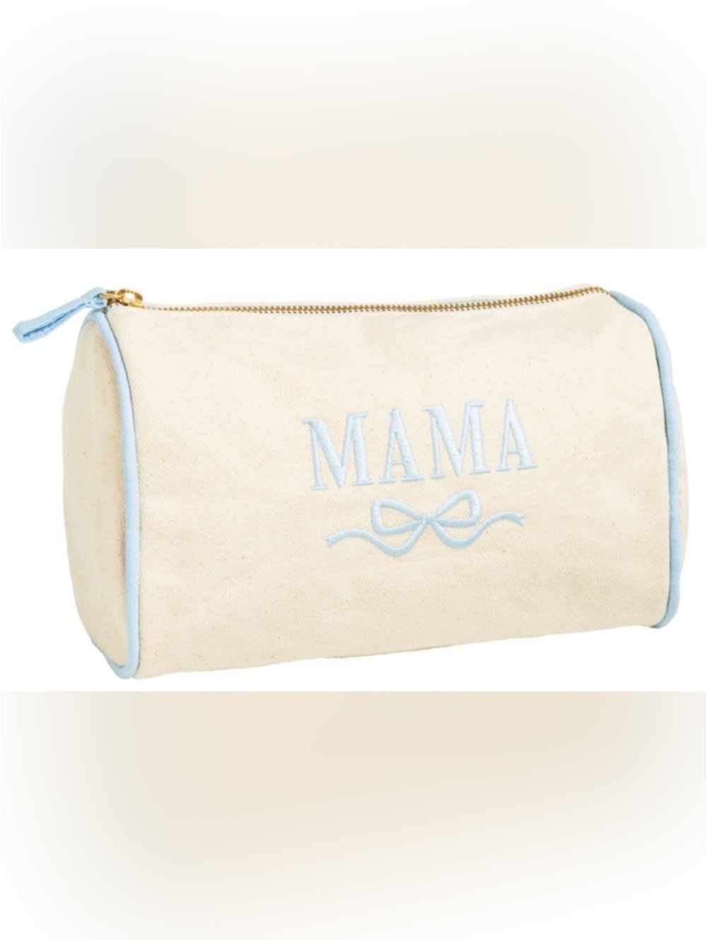 Mud Pie Mama Embroidered Cosmetic Bag in Cream with Light Blue Trim